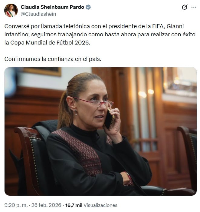 Llamada entre Sheinbaum e Infantino reafirma seguridad para el Mundial 2026
