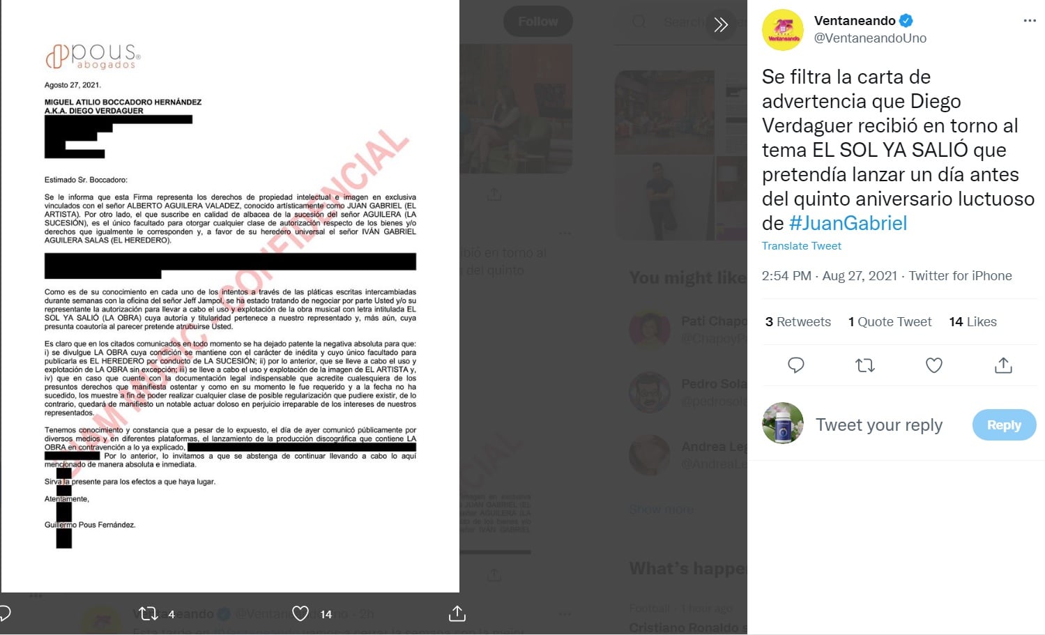 Diego Verdaguer recibe carta para parar el lanzamiento de su tema con Juan Gabriel