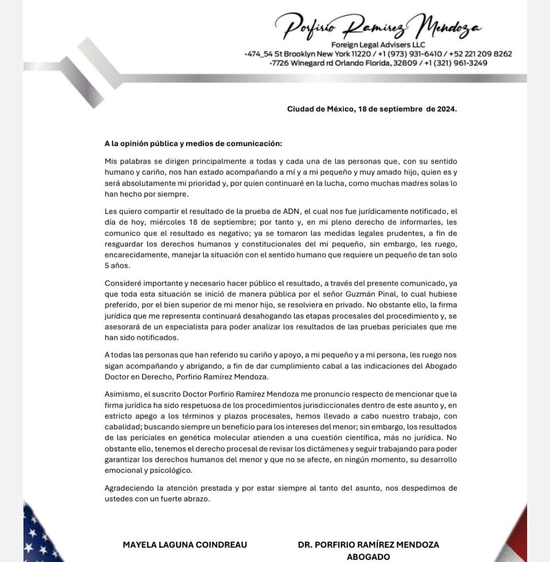 Comunicado sobre la prueba de paternidad del hijo de Mayela Laguna y Luis Enrique Guzmán.