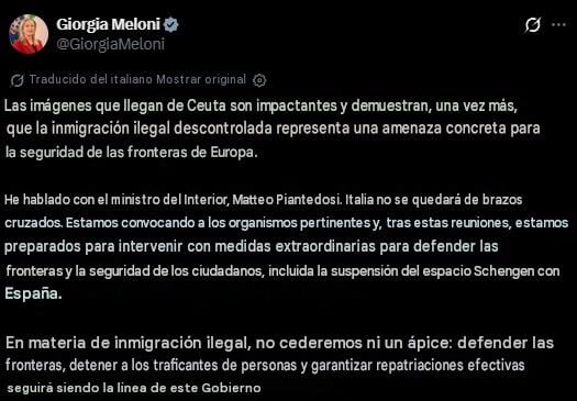 Giorgia Meloni refuerza la seguridad fronteriza tras ingreso masivo de migrantes desde Ceuta