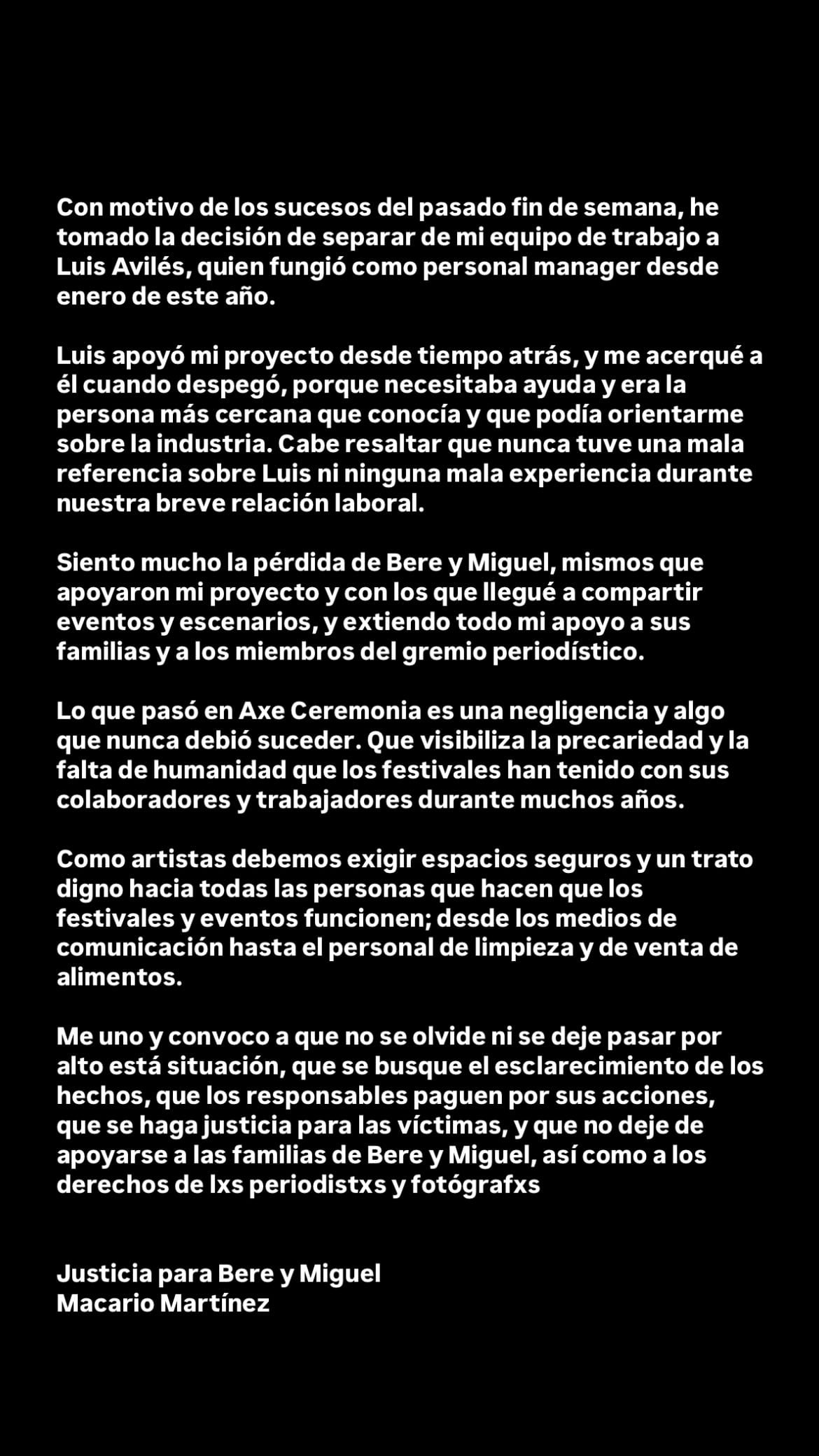 Comunicado de Macario Martínez sobre su despido de Luis Áviles por el Axe Ceremonia 2025.