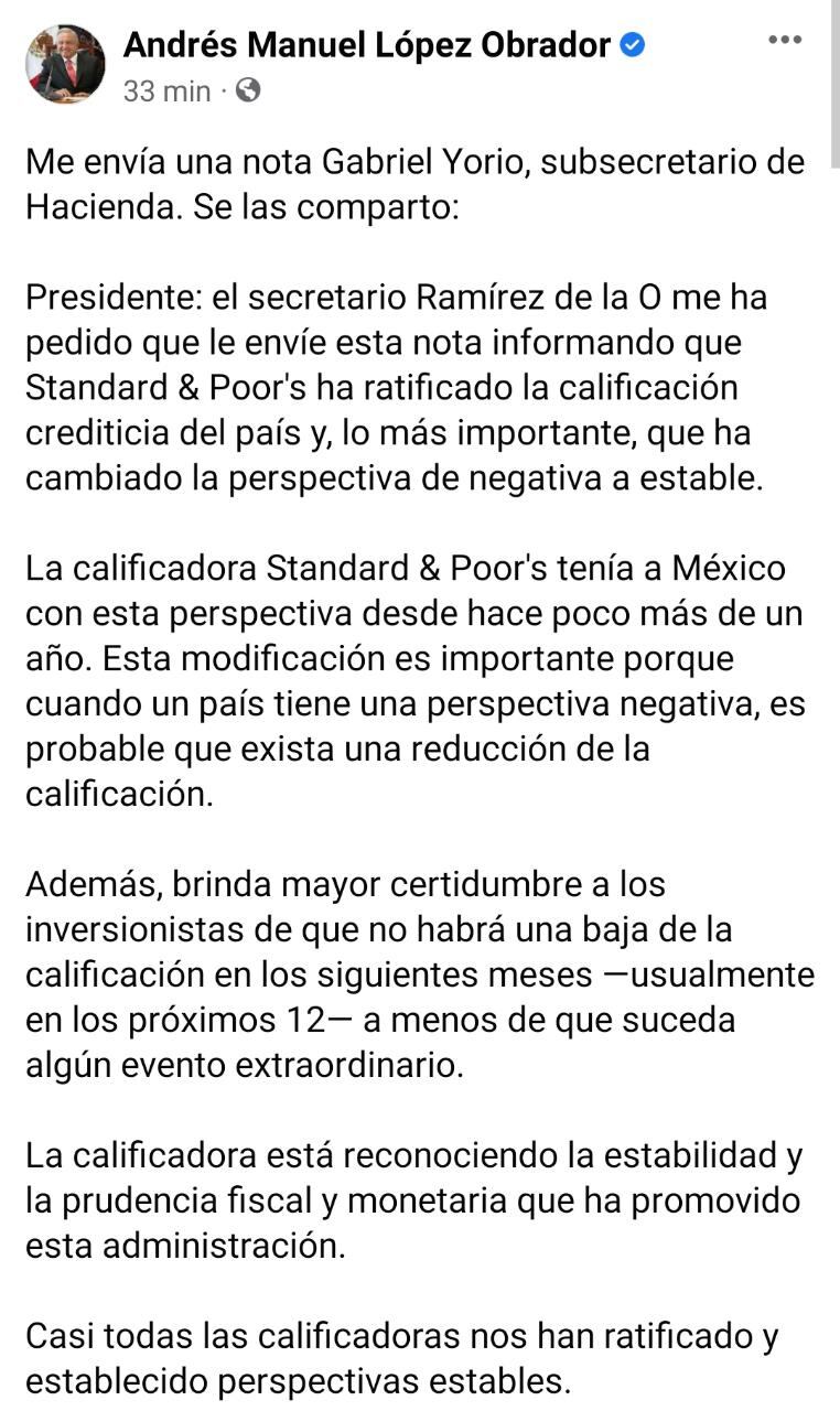 AMLO: Standard & Poor’s ratifica la calificación crediticia de México