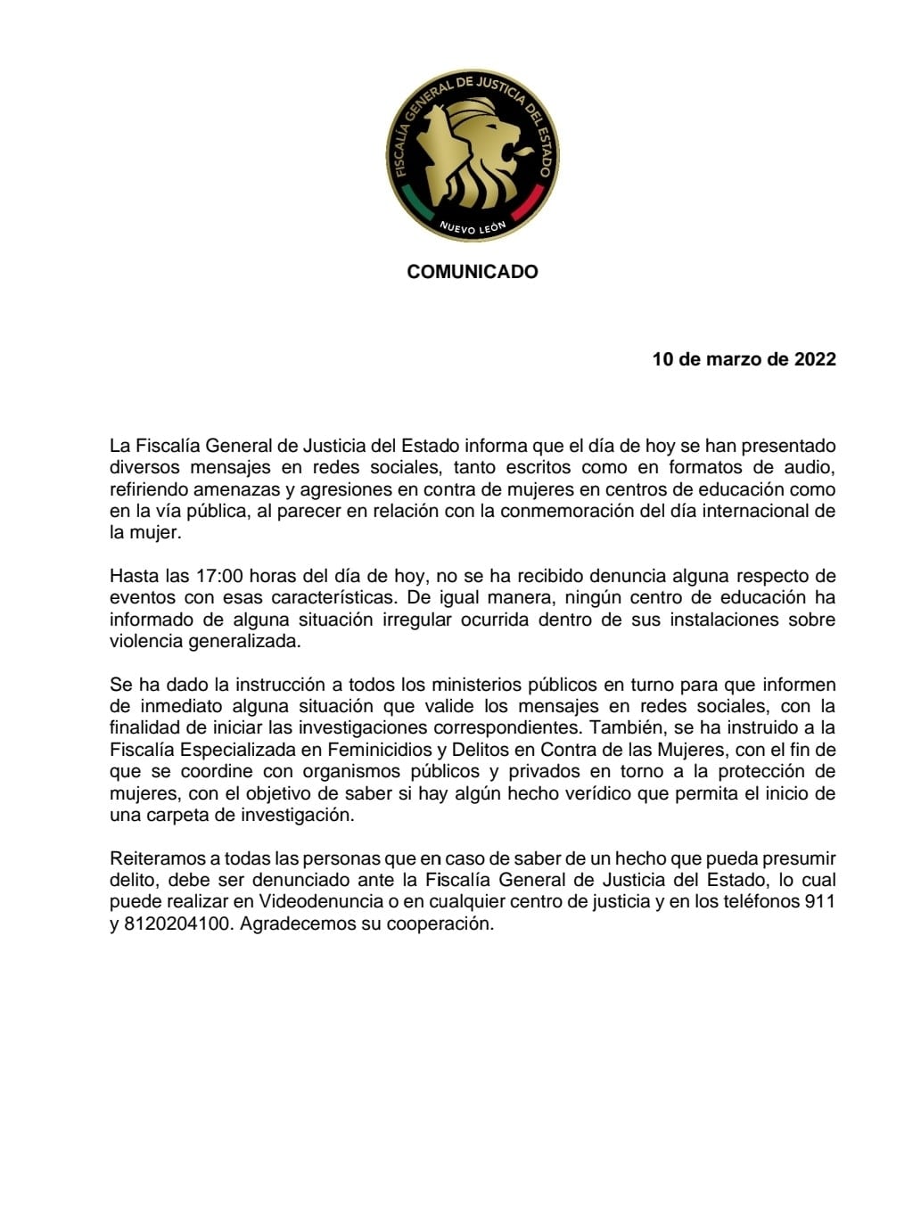 comunicado de la Fiscalía de Nuevo León sobre amenazas a las alumnas de la UANL/Facebook