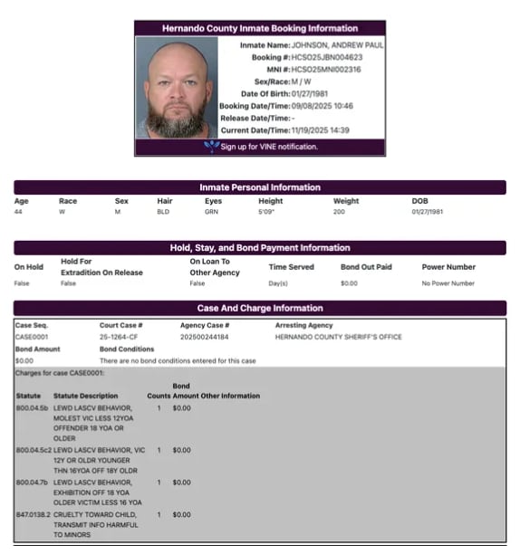 Ficha de detención de Andrew Paul Johnson