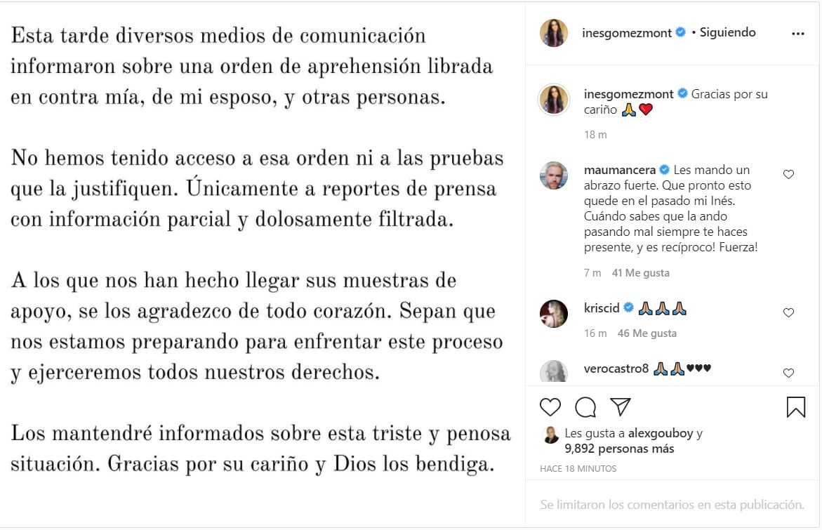 Publicación de Inés Gómez Mont en Instagram