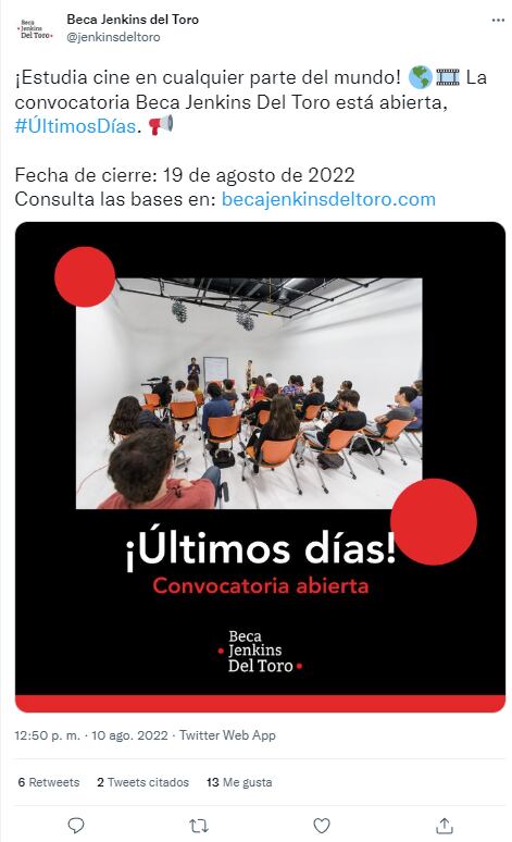 Beca Jenkins-Del Toro para estudiar cine en cualquier parte del mundo