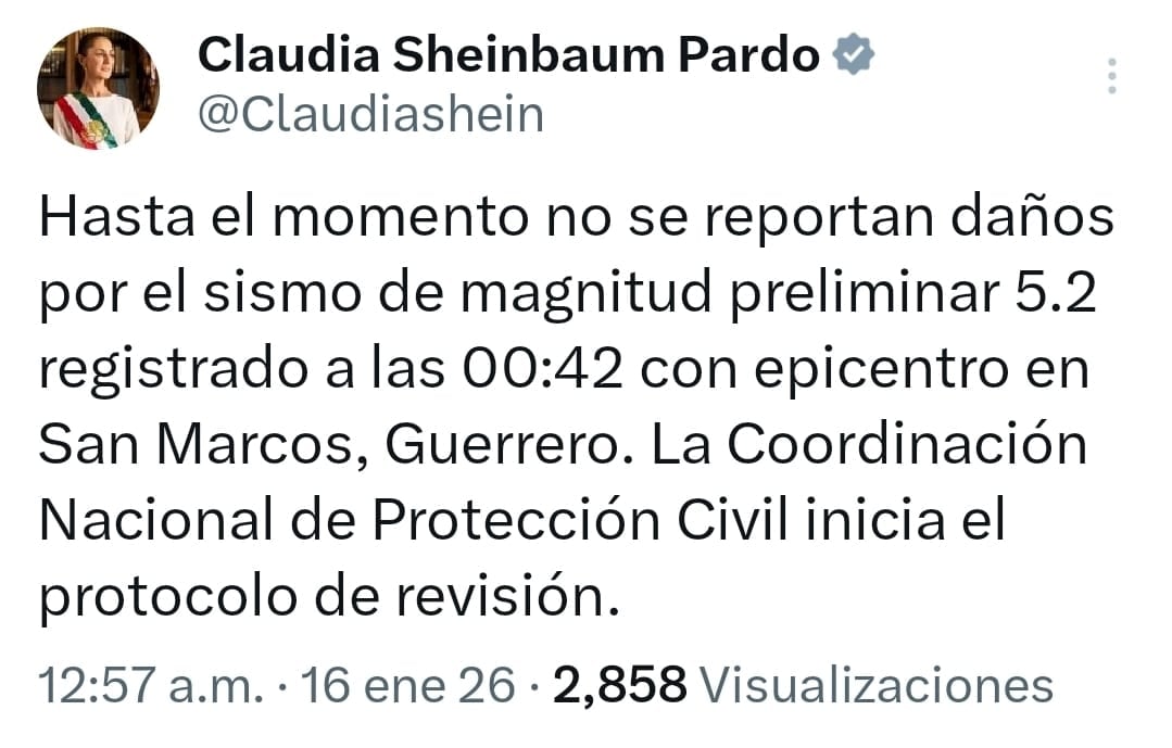 Temblor hoy Sheinbaum