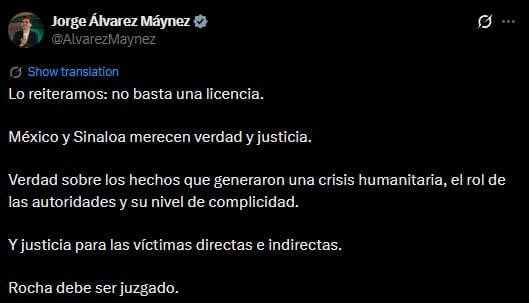 Álvarez Máynez lanza mensaje a Rocha Moya tras nueva solicitud