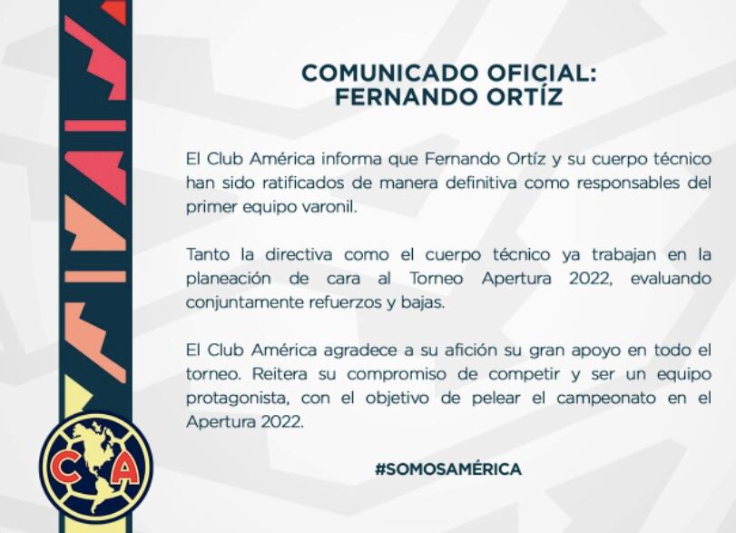 Fernando Ortíz se queda como entrenador del Club América