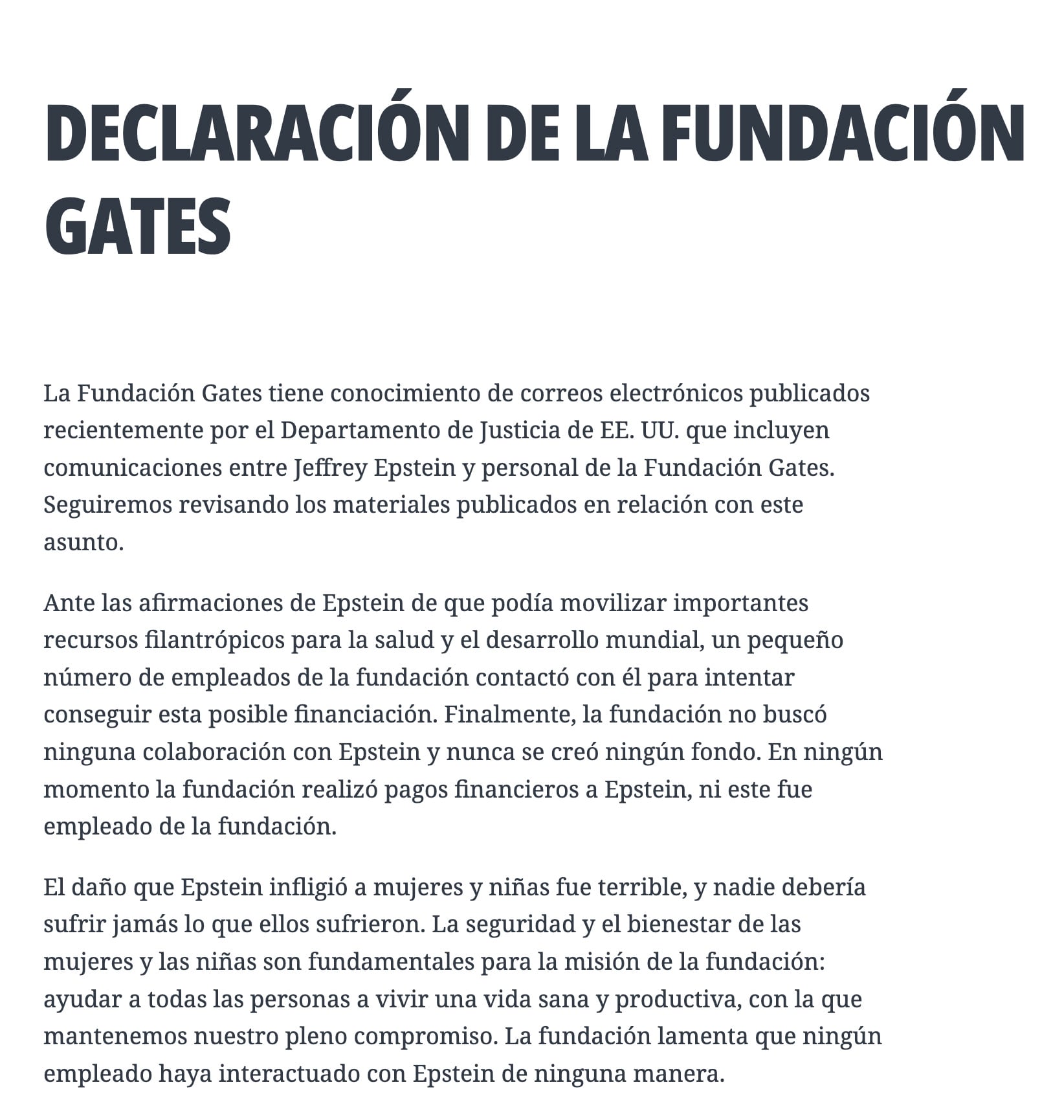 Comunicado de la fundación Bill Gates sobre Jeffrey Epstein
