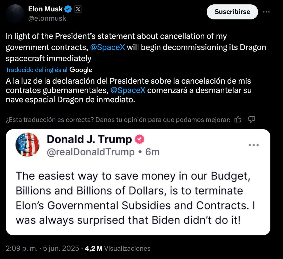 Donald Trump amaga terminar contratos de Estados Unidos con Elon Musk tras ruptura y el millonario responde
