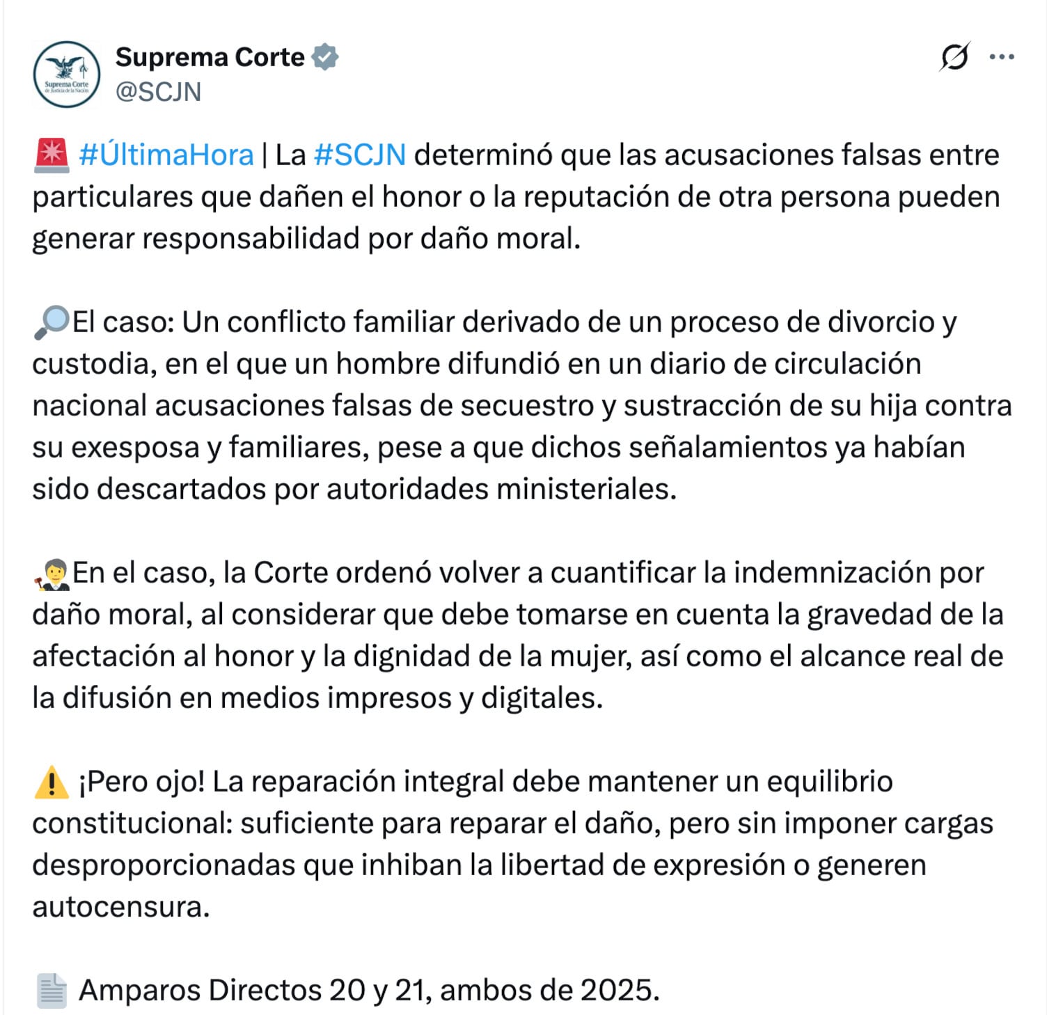 SCJN determina acusaciones falsas en medios pueden ser daño moral