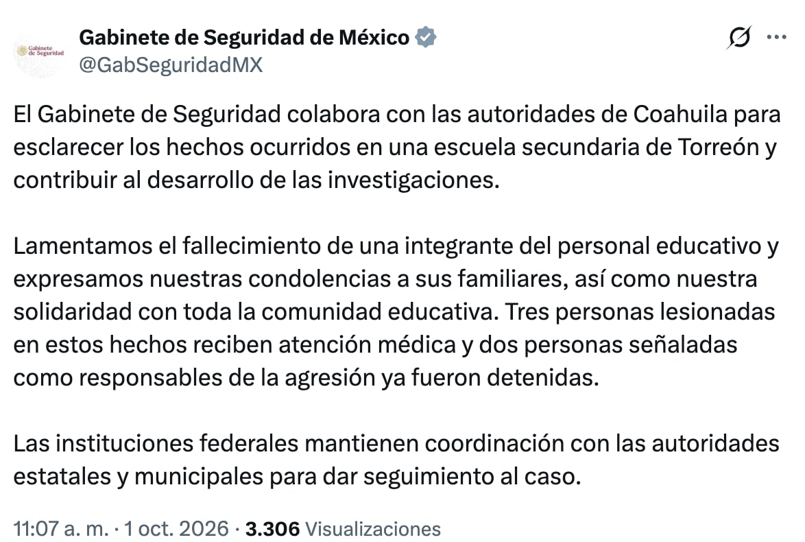 Confirman ataque en secundaria de Torreón, Coahuila
