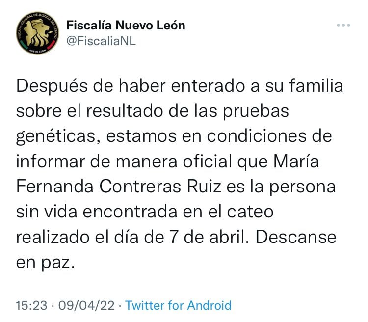 Fiscalía sobre María Fernanda Contreras Ruíz