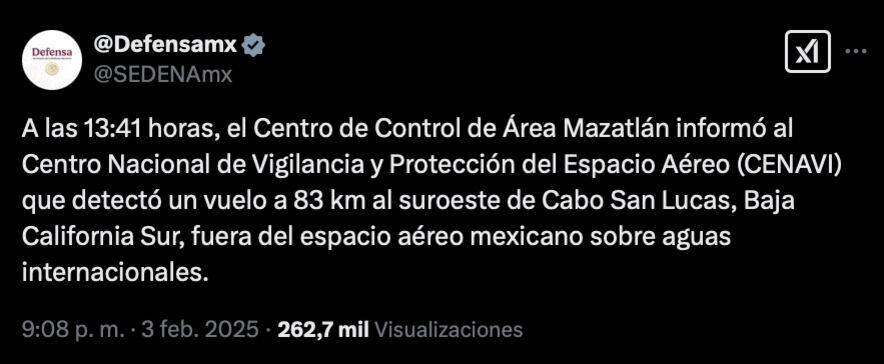 Sedena informa sobre el avión militar de Estados Unidos