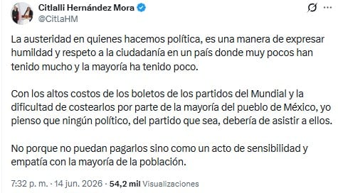 Citlalli Hernández llama a la austeridad en los políticos mexicanos