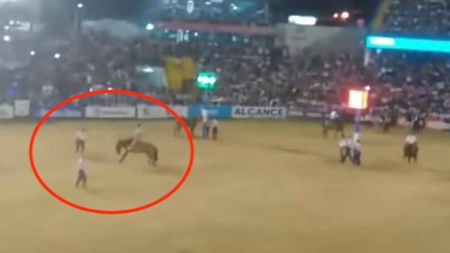 El trágico momento en que un jinete es aplastado por su caballo.