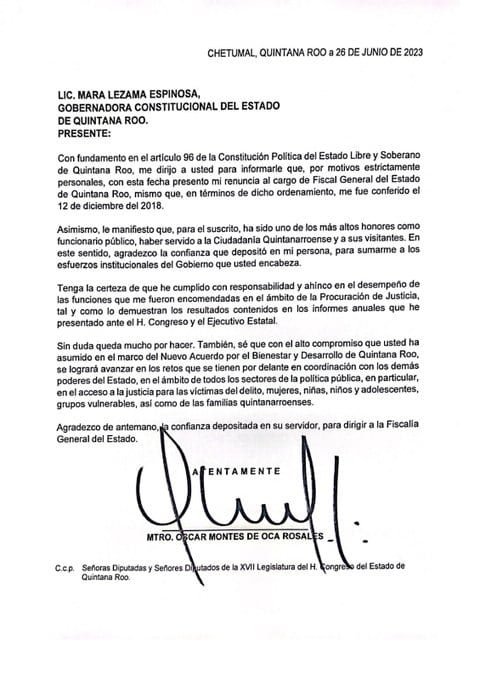 Carta de renuncia de Óscar Montes de Oca como fiscal de Quintana Roo