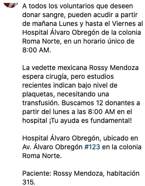 Solicitan donadores de sangre para la vedette, Rossy Mendoza.
