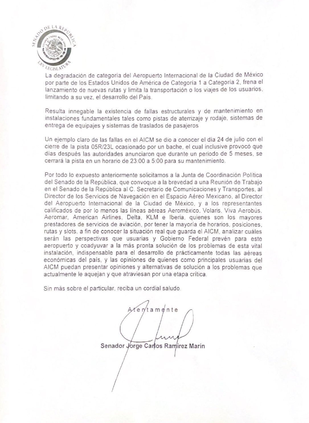 Senadores del PRI piden conocer la “situación real” del AICM; solicitan que se convoque a titulares de SENEAM, SCT y aeropuerto