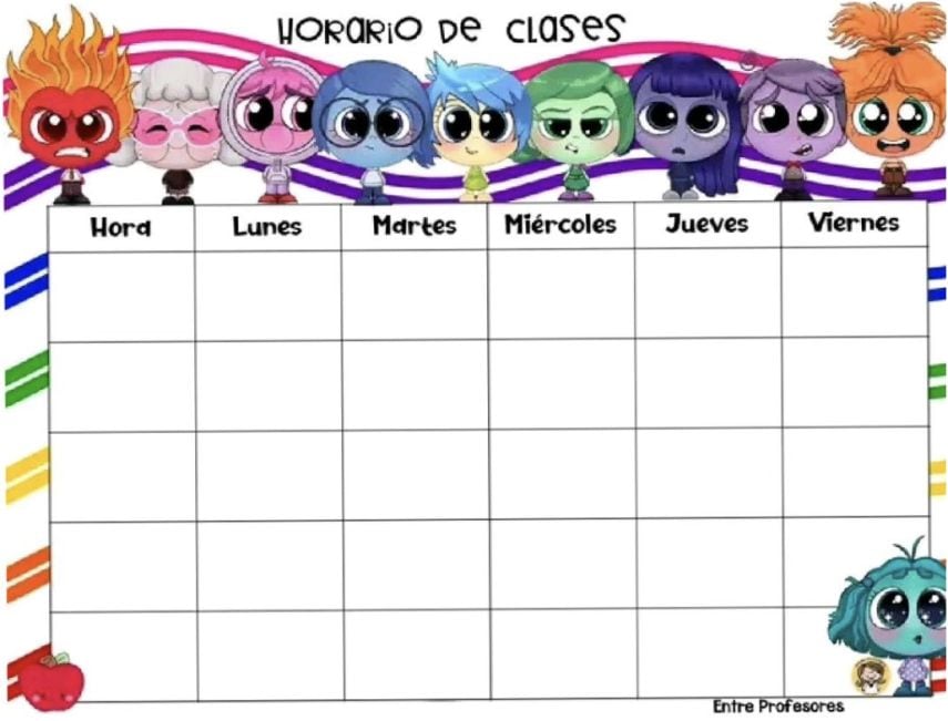 Horario escolar de Intensamente 2 para imprimir con las emociones en anime