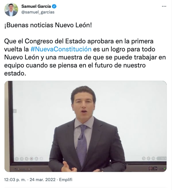 Samuel García celebra que el Congreso de Nuevo León apruebe la primera vuelta a la nueva Constitución