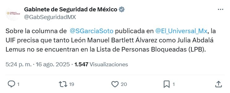 UIF sobre caso Manuel Bartlett y familia
