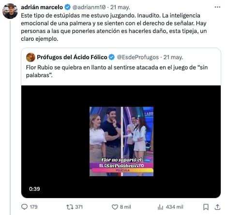Adrián Marcelo arremete contra Flor Rubio