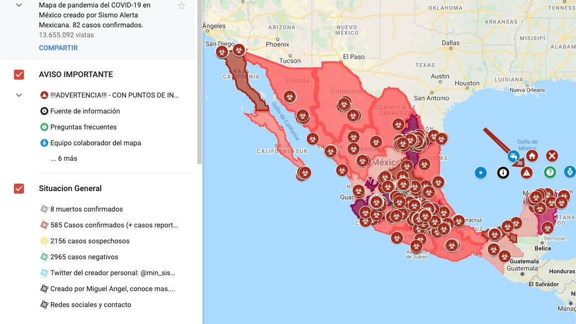 Mapa en tiempo real Covid-19 México.