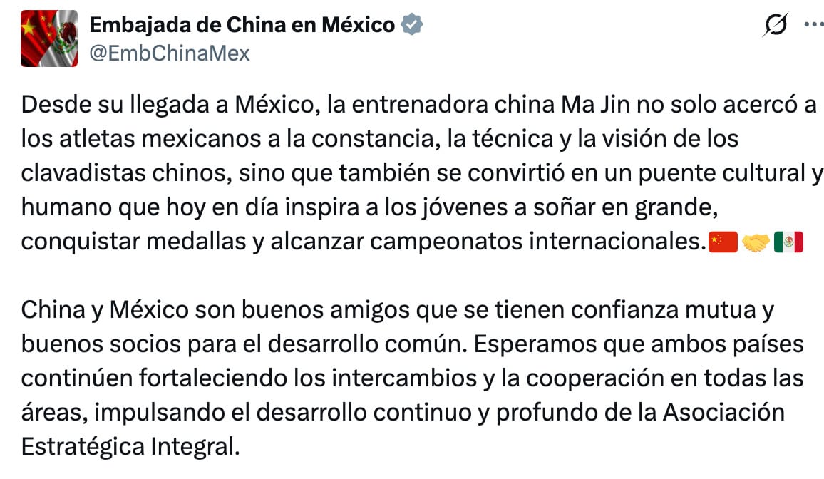 Embajada de China en México celebra el reconocimiento hecho a Ma Jin