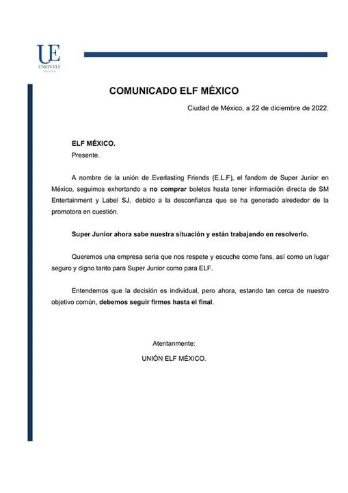 Comunicado de ELF, fandom de Super Junior en México, para cambiar de sede.