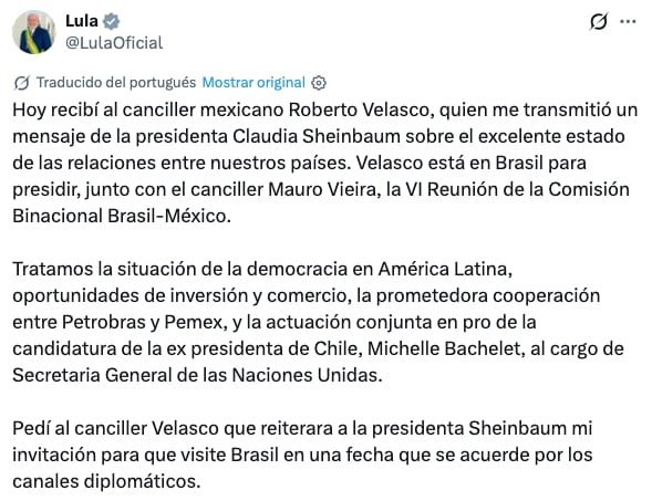 Lula da Silva reitera invitación a Claudia Sheinbaum para que visite Brasil