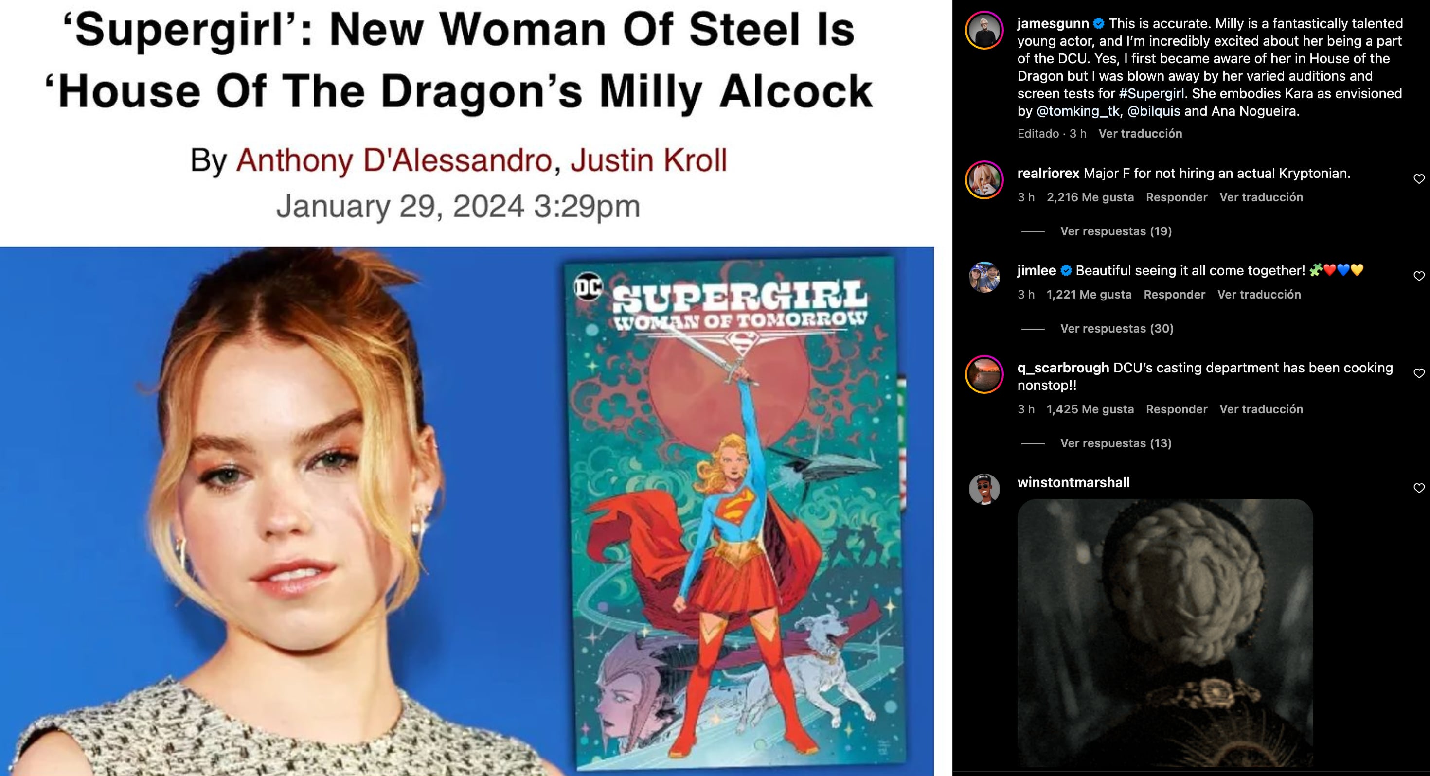 James Gunn elogiando a Milly Alcock como Supergirl