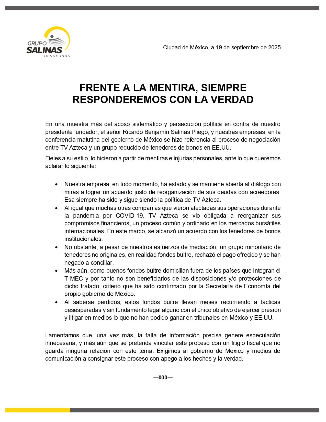 Grupo Salinas reconoce que TV Azteca no ha pagado adeudos a los “fondos buitre” en Estados Unidos