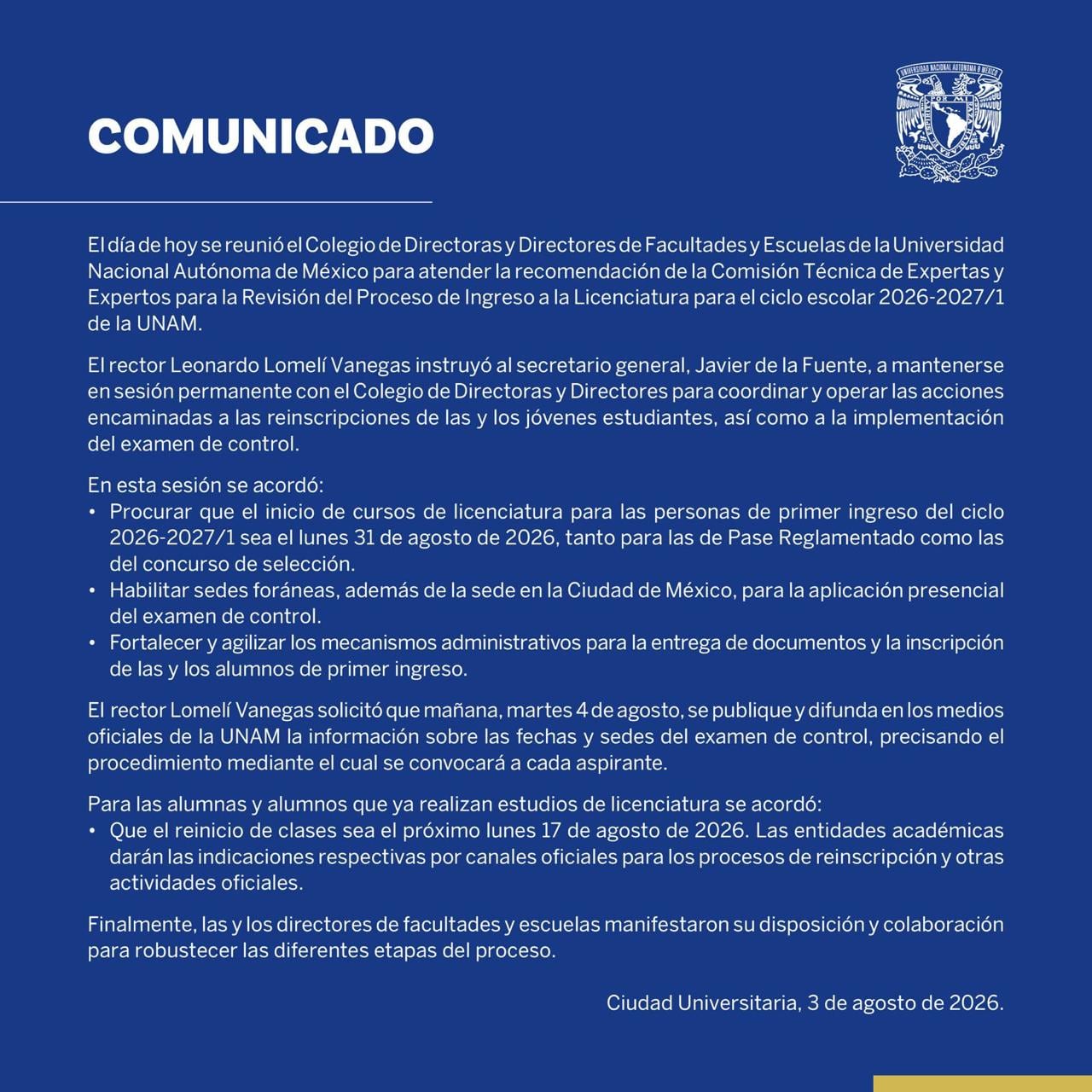 UNAM confirma la fecha de inicio de clases del ciclo escolar 2026-2027