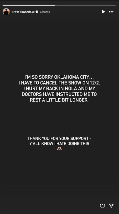 Justin Timberlake canceló otro show y le echa la culpa a su espalda