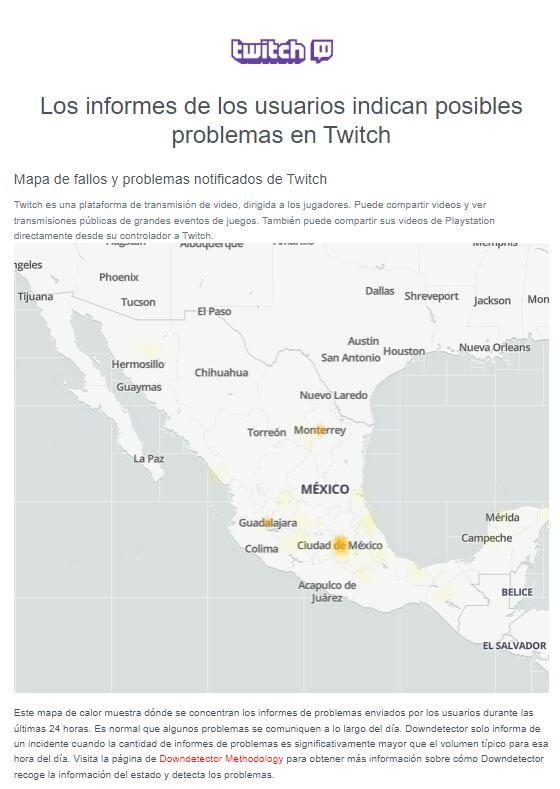 Mapa Downdetector sobre los lugares que afectó la caída de Twitch