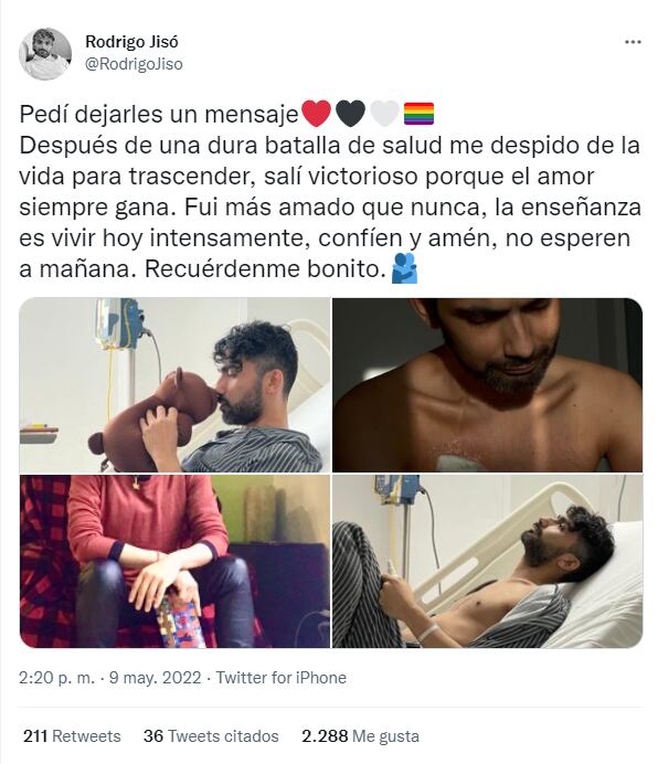Emotivo mensaje de Rodrigo Jisó para despedirse tras luchar contra el cáncer