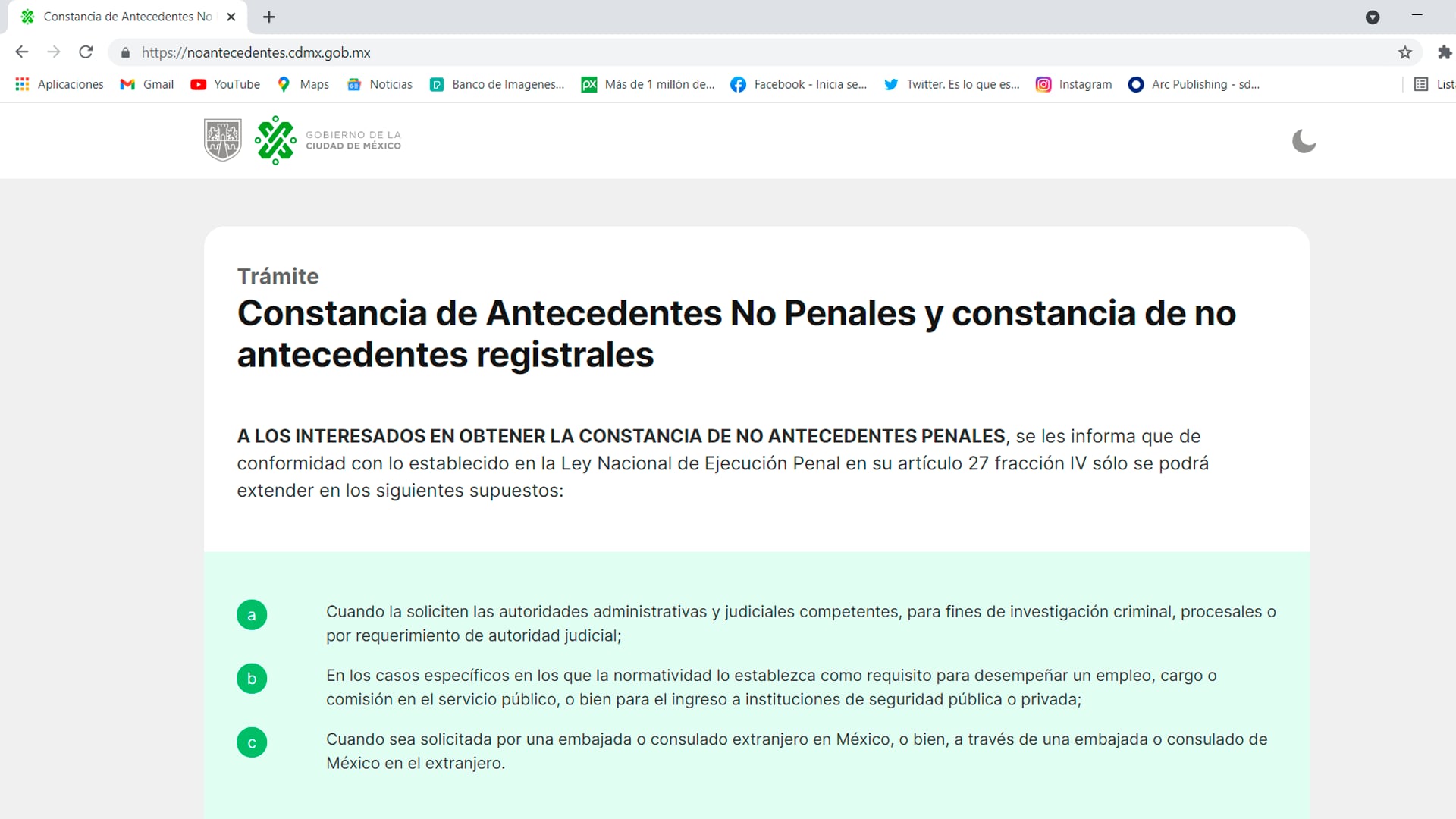 Captura de pantalla de portal de constancia de antecedentes no penales
