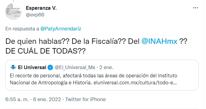 Tuit sobre despidos en el INAH