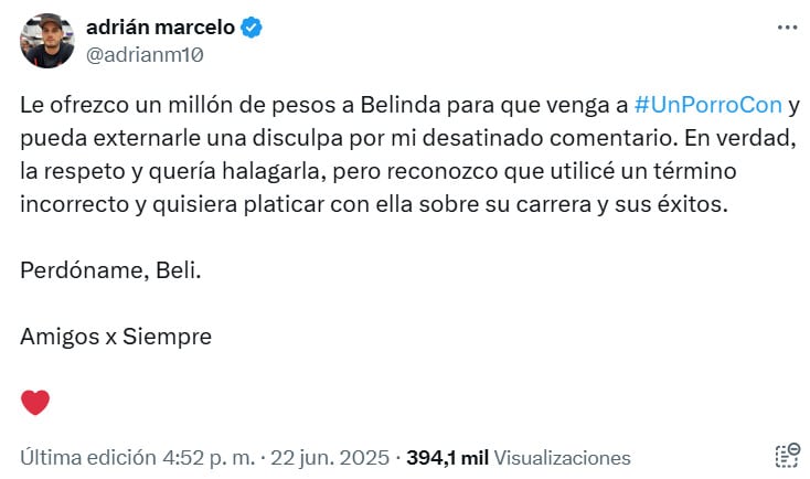Adrián Marcelo ofrece un millón de pesos a Belinda por una entrevista