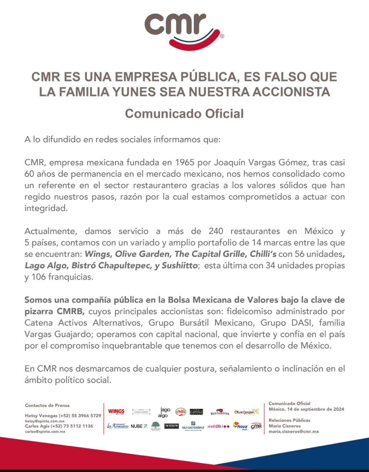 CMR se deslinda de los Yunes