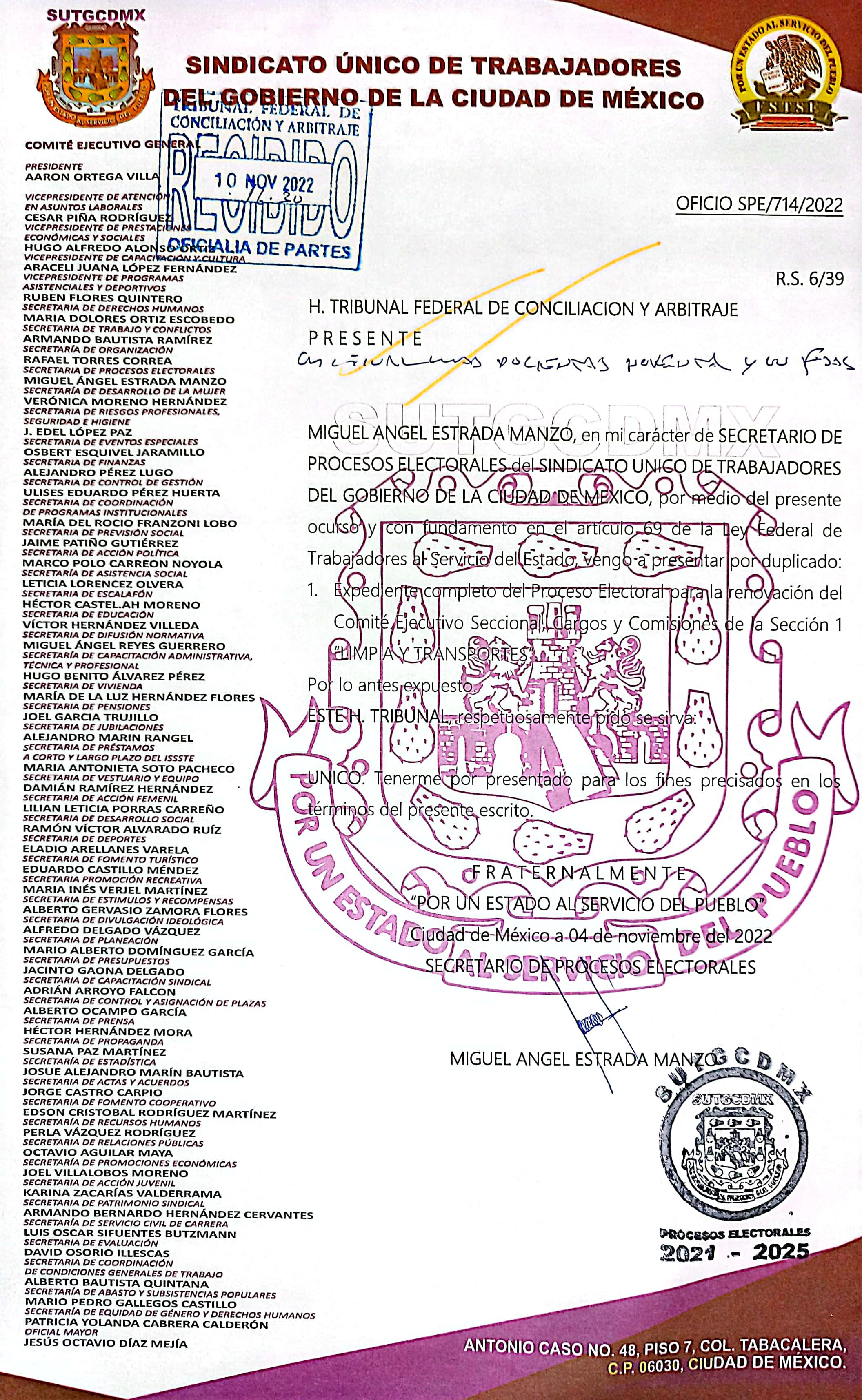 Convocatoria a elecciones SUTGCDMX, sección 1 Limpia y transportes