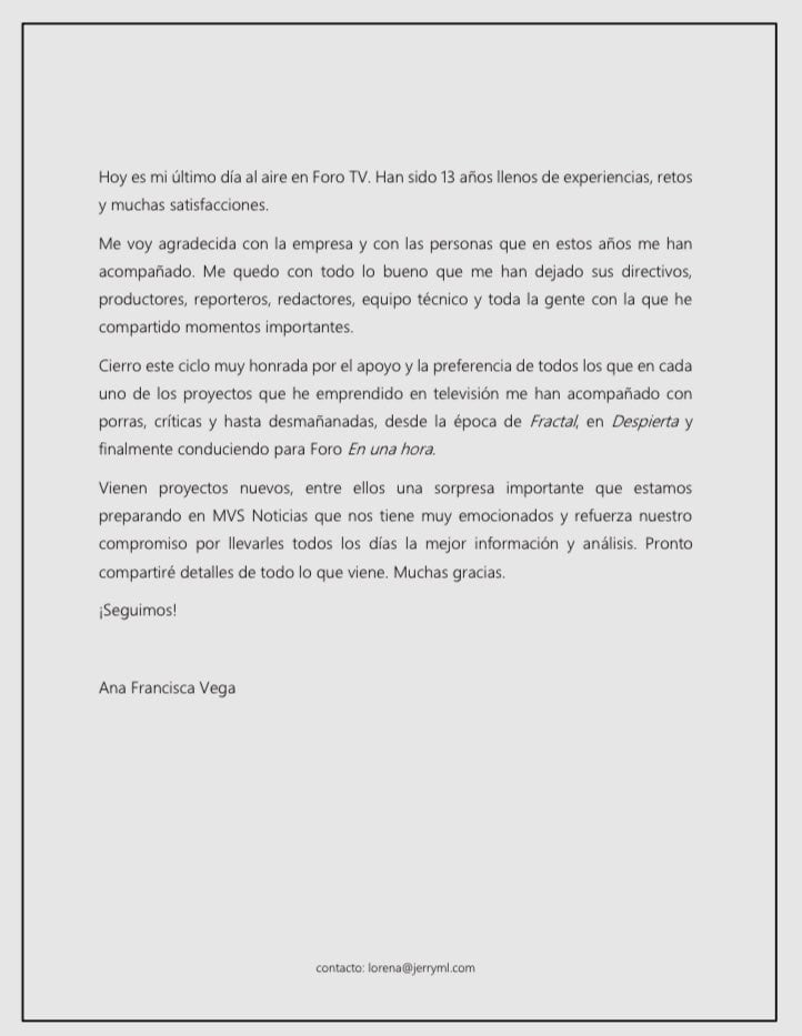 Ana Francisca Vega anuncia su salida de Nmás y Foro TV