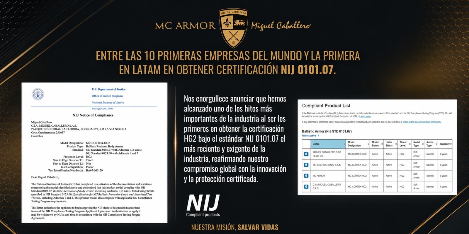 MC Armor – Miguel Caballero se convirtió en la primera empresa de Latinoamérica en obtener el estándar más exigente en protección balística.