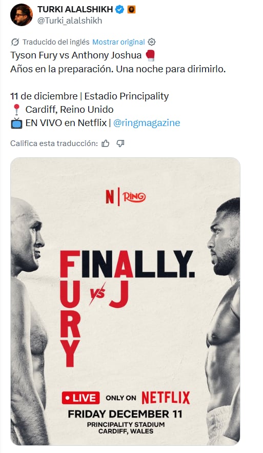 Netflix transmitirá la pelea Tyson Fury y Anthony