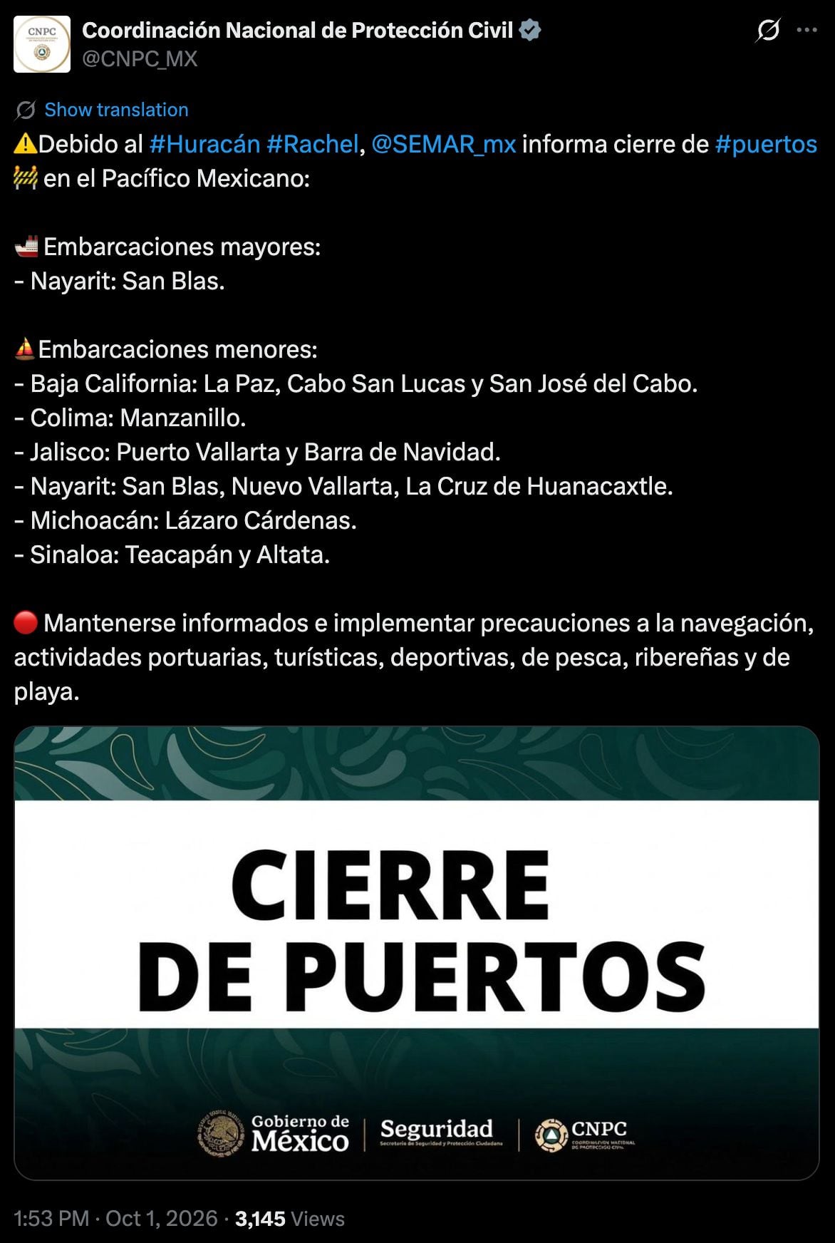 Huracán Rachel provoca grandes olas en Puerto Vallarta; Semar cierra el puerto