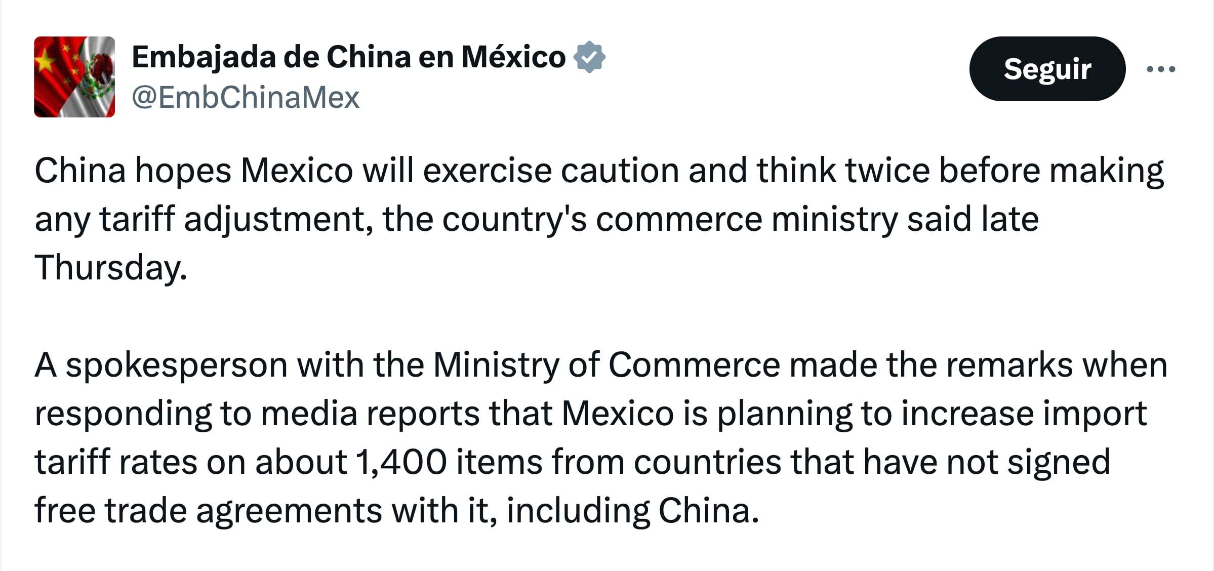 China pide a México considerar los aranceles a autos