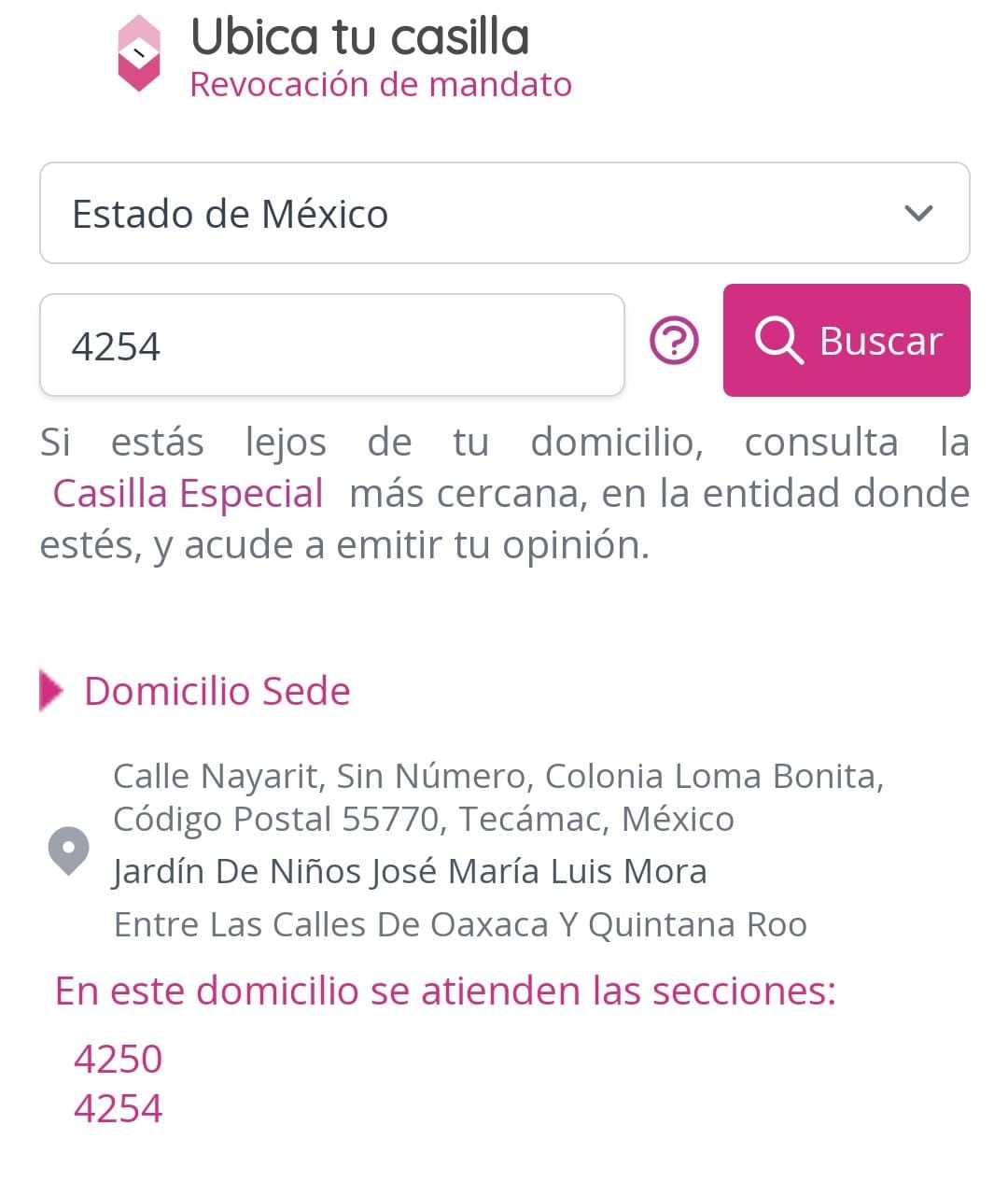 Ejemplo de cómo ubicar tu casilla para votar en la revocación de mandato
