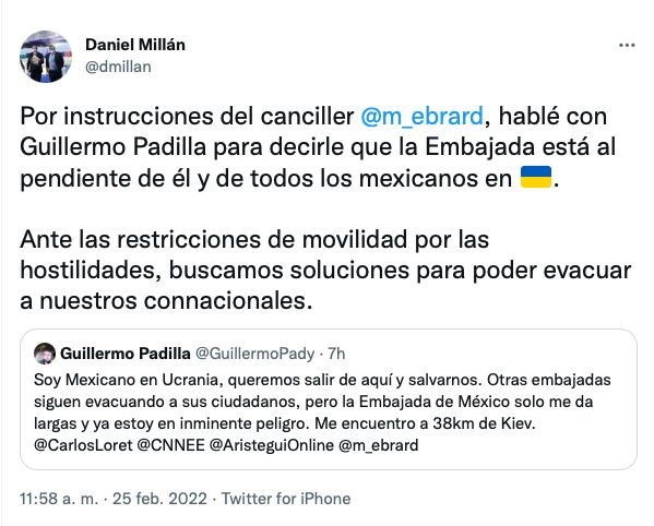 Tuit de Daniel Millán, jefe de la oficina del secretario de Relaciones Exteriores de México